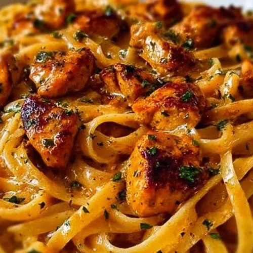 Delicious Cowboy Butter Chicken Pasta Linguine served with fresh herbs