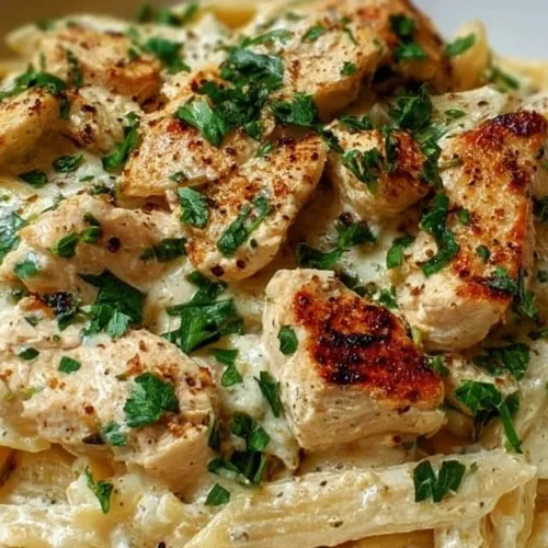 Creamy Boursin chicken pasta topped with herbs and served in a bowl.