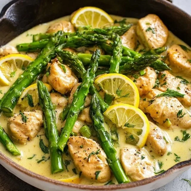 Creamy lemon chicken bake with asparagus and herbs on a serving dish