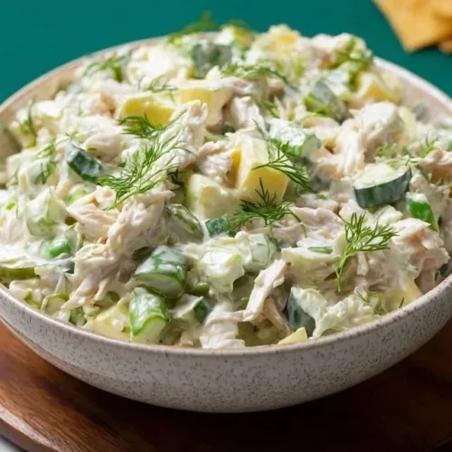 Bowl of Dill Pickle Chicken Salad garnished with fresh dill and pickles.