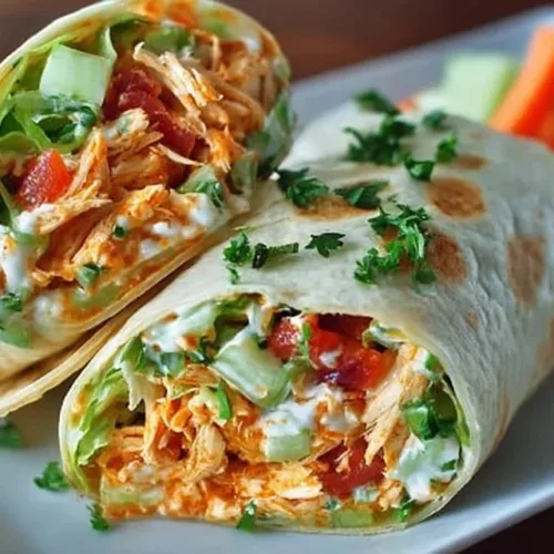 Delicious buffalo chicken salad wraps filled with fresh ingredients.