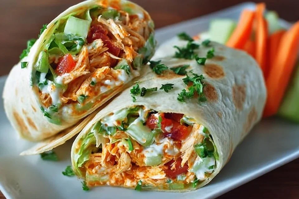 Delicious buffalo chicken salad wraps filled with fresh ingredients.