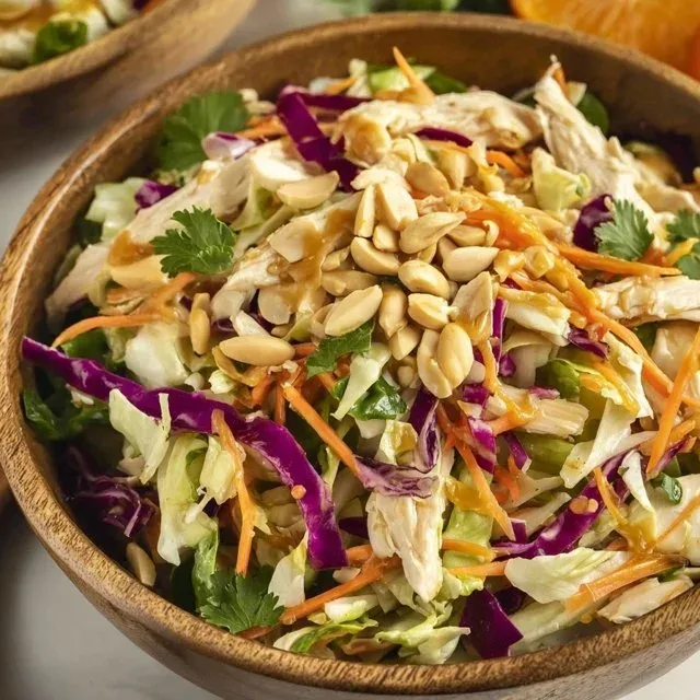 Bowl of Easy Crunchy Chinese Chicken Salad with colorful vegetables and chicken.