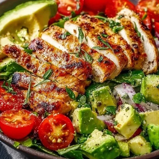 Healthy avocado chicken salad with creamy dressing and fresh ingredients