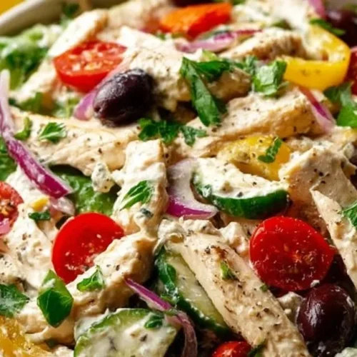 Colorful Mediterranean Chicken Salad with fresh vegetables and herbs