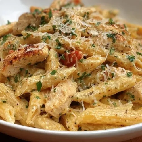 Easy one pan chicken pasta with garlic and parmesan dish