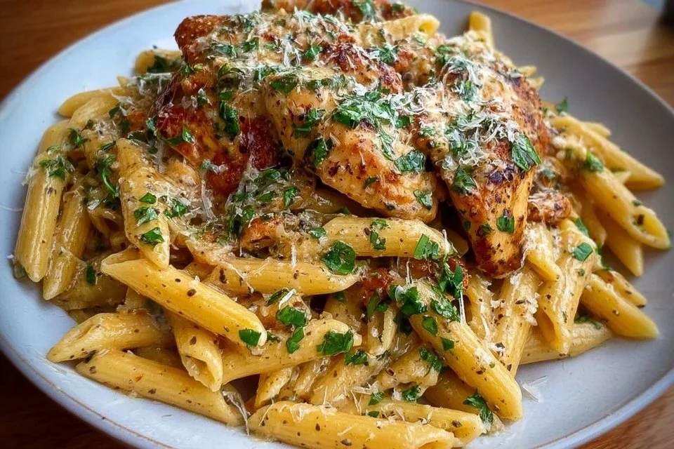 Easy One Pan Chicken Pasta with Garlic and Parmesan Flavor