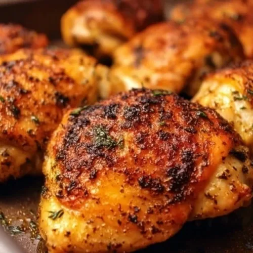 Delicious easy oven baked chicken thighs on a plate with herbs