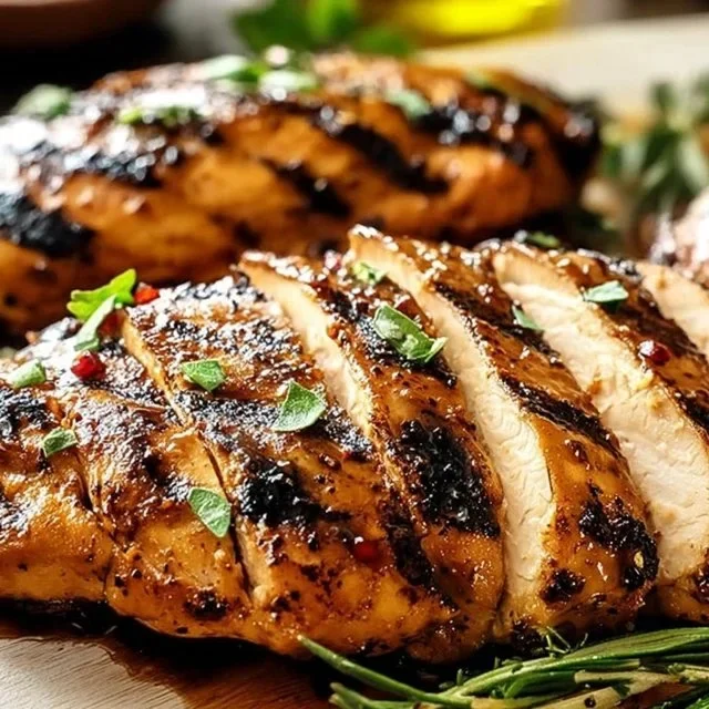 Flavor-packed grilled chicken marinade recipe showcased with grilled chicken breasts.