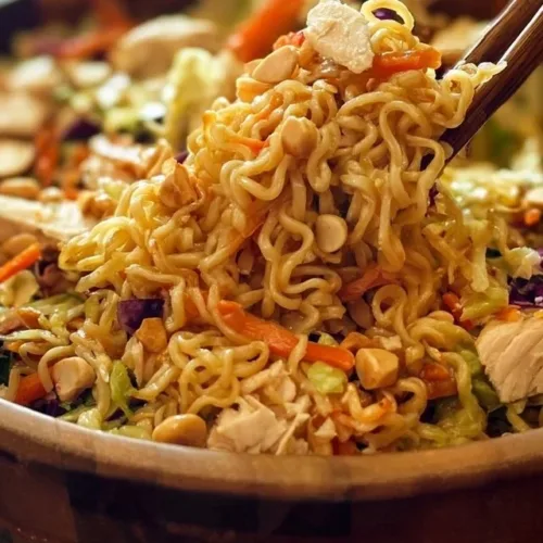 Fresh Asian Ramen Chicken Salad with vibrant vegetables and tender chicken