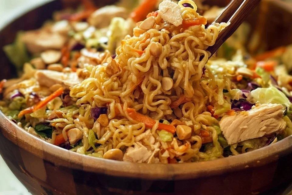 Fresh Asian Ramen Chicken Salad with vibrant vegetables and tender chicken