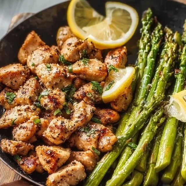 Delicious Garlic Butter Chicken Bites served on a plate with herbs.
