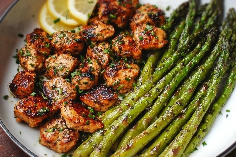 Garlic Butter Chicken Bites with Lemon Asparagus