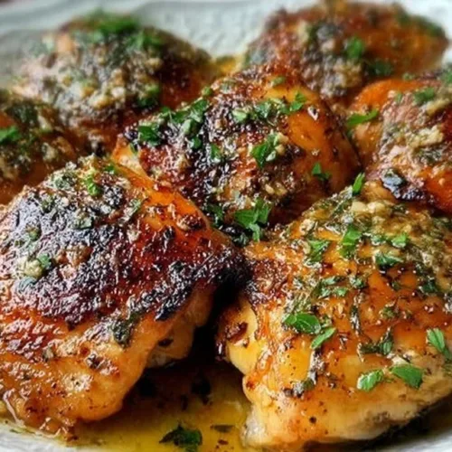 Delicious Garlic Butter Chicken Thighs garnished with herbs on a plate