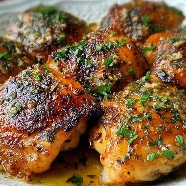 Delicious Garlic Butter Chicken Thighs garnished with herbs on a plate