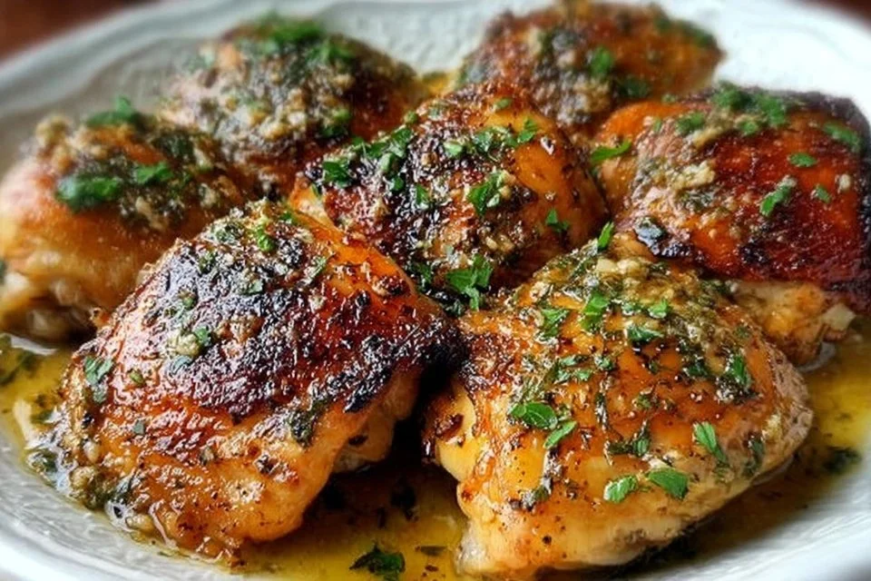 Delicious Garlic Butter Chicken Thighs garnished with herbs on a plate
