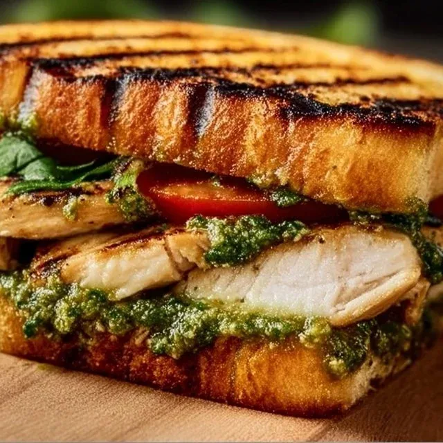 Grilled chicken pesto sandwich with fresh basil and artisan bread