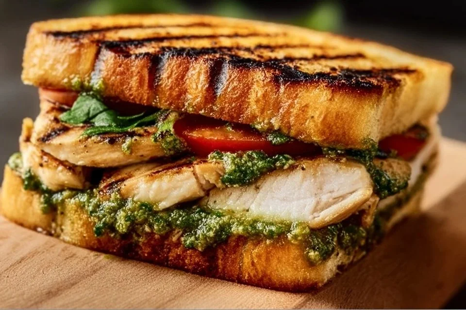 Grilled chicken pesto sandwich with fresh basil and artisan bread