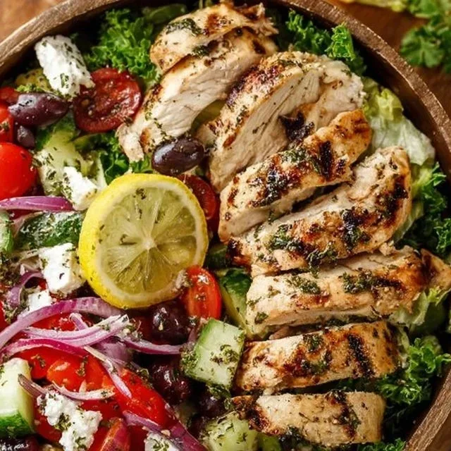Grilled Lemon Herb Mediterranean Chicken Salad with fresh vegetables and dressing