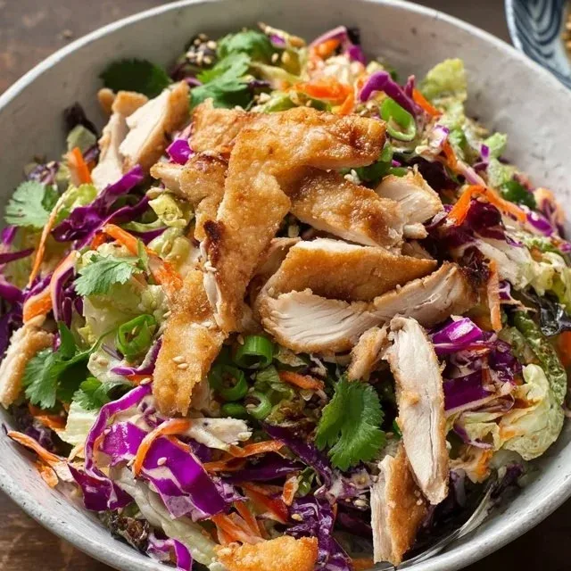 Bowl of healthy Asian chicken salad with colorful vegetables and grilled chicken
