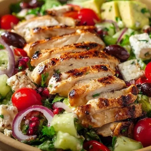 Healthy Mediterranean Chicken Salad with fresh vegetables and herbs