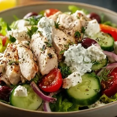 Healthy Mediterranean Chicken Salad with fresh vegetables and grilled chicken