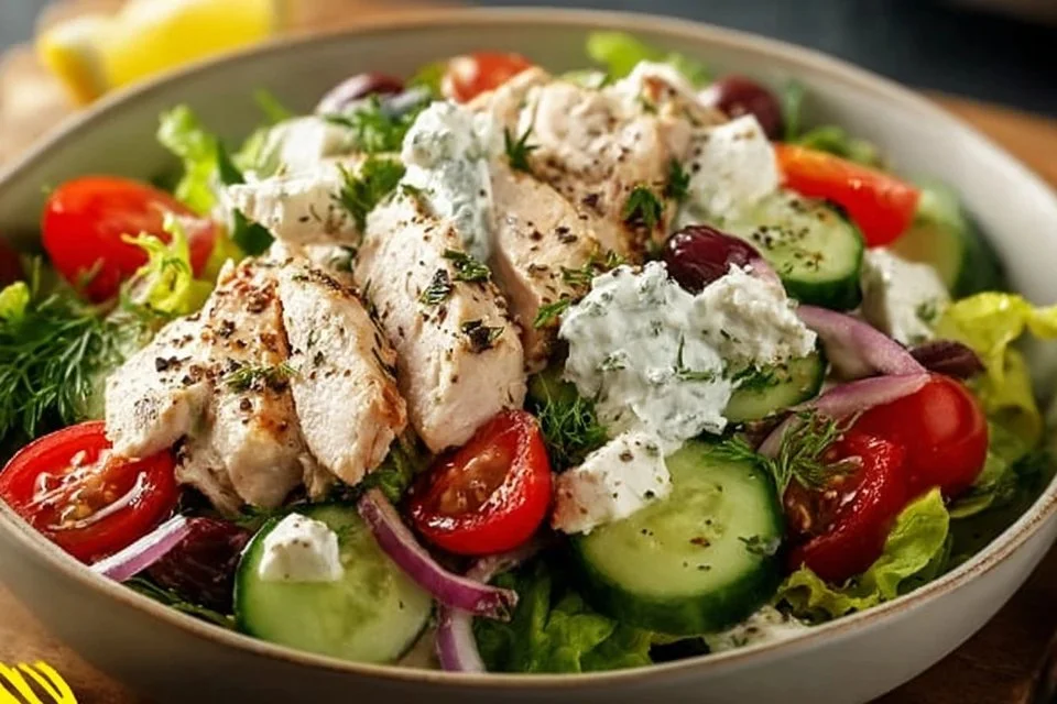 Healthy Mediterranean Chicken Salad with fresh vegetables and grilled chicken