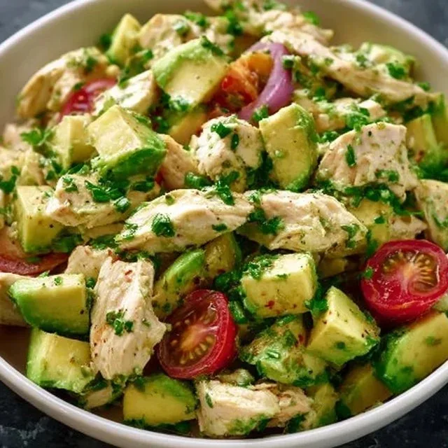 High protein avocado chicken salad garnished with fresh herbs.