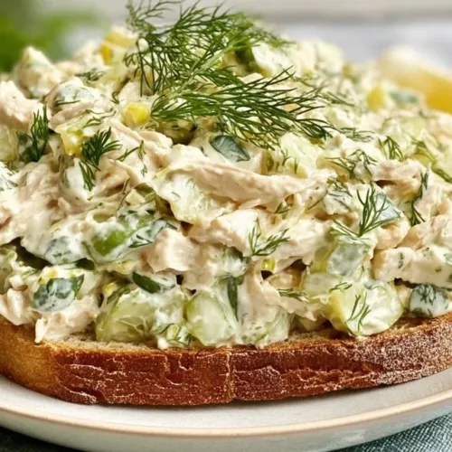 High protein dill pickle chicken salad recipe with fresh ingredients.