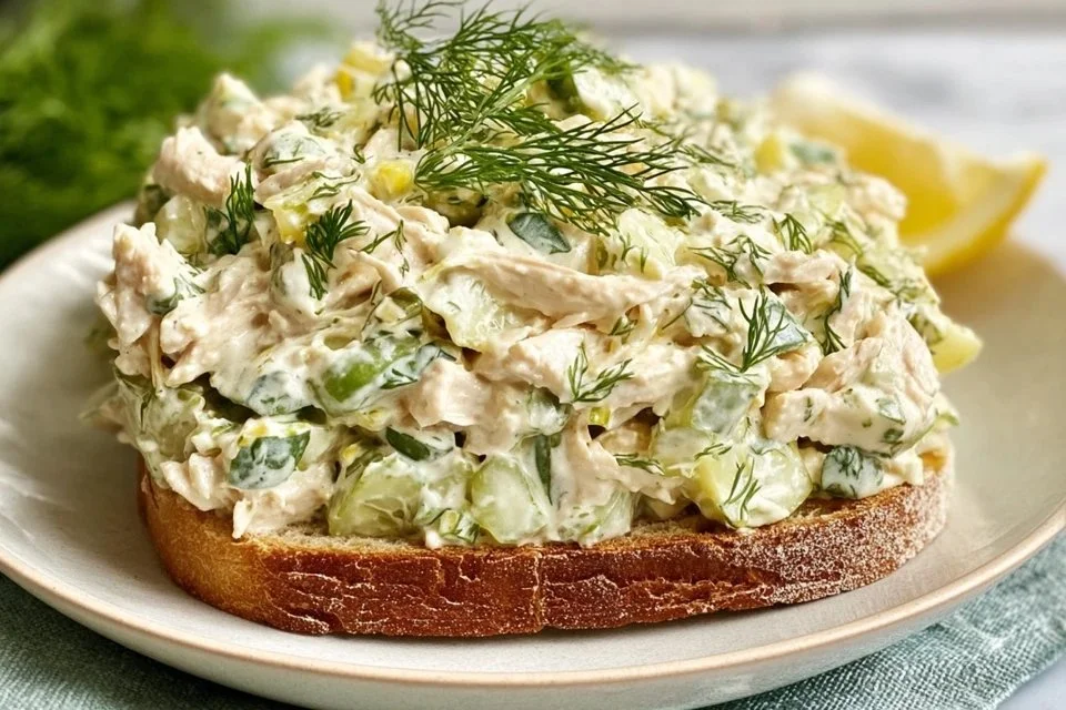 High protein dill pickle chicken salad recipe with fresh ingredients.