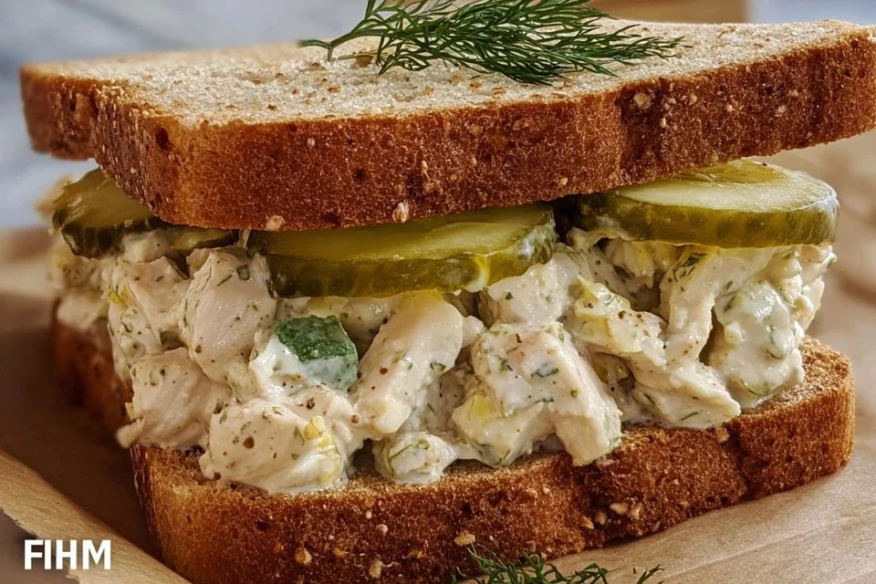 High Protein Dill Pickle Chicken Salad featuring chicken, dill pickles, and healthy ingredients.