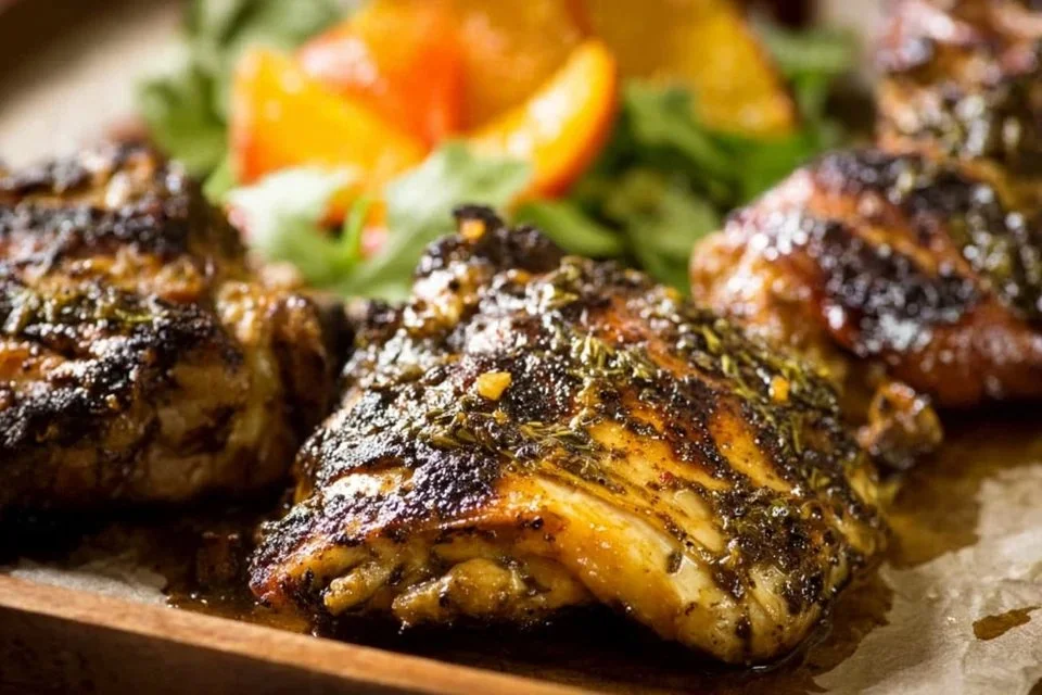 Deliciously grilled Jamaican Jerk Chicken with vibrant spices and herbs.