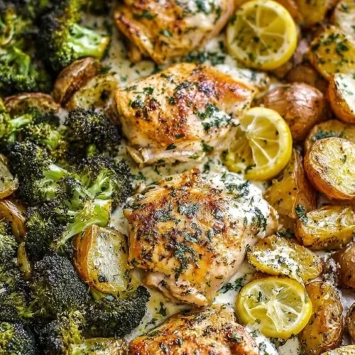 Lemon garlic chicken with potatoes and broccoli on a sheet pan