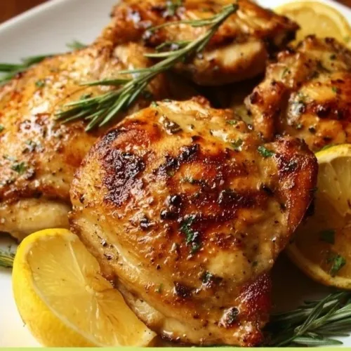 Lemon Garlic Chicken Thighs marinated and grilled, served on a plate
