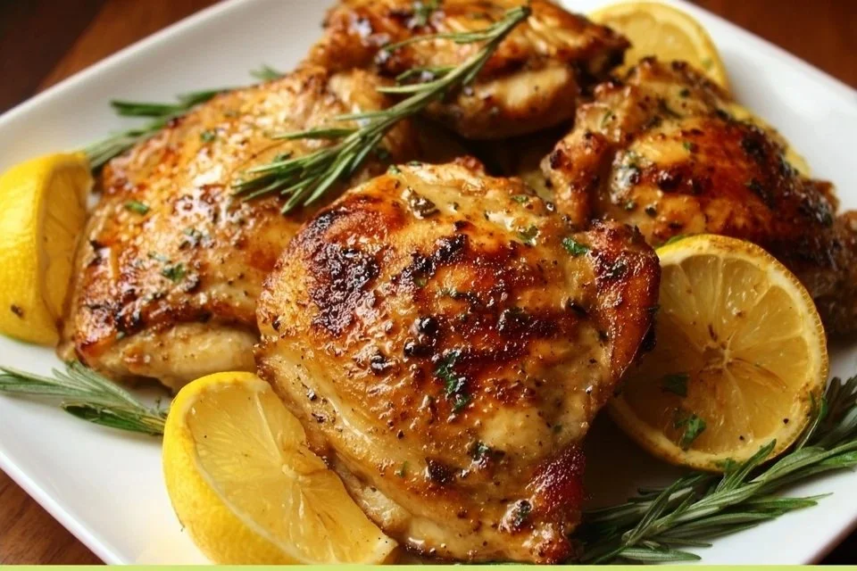 Lemon Garlic Chicken Thighs marinated and grilled, served on a plate