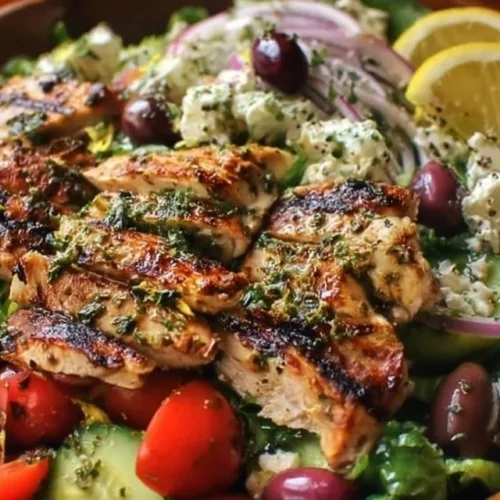 Lemon Herb Mediterranean Chicken Salad with fresh vegetables and grilled chicken