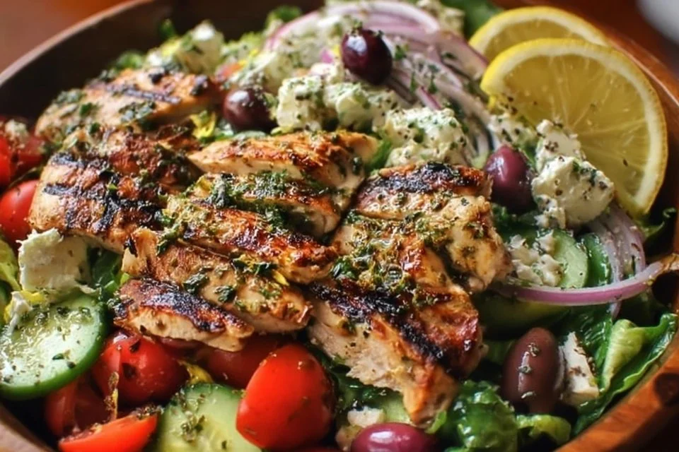 Lemon Herb Mediterranean Chicken Salad with fresh vegetables and grilled chicken