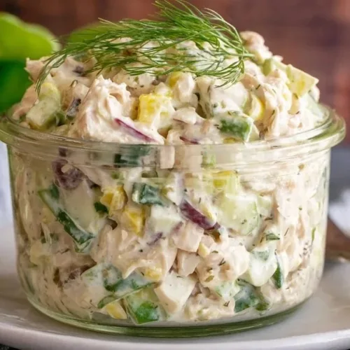 Low carb dill pickle chicken salad in a bowl garnished with fresh dill.