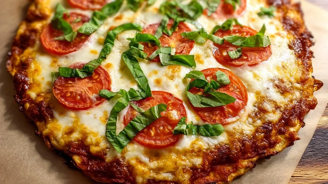 Delicious Margarita Pizza topped with fresh tomatoes and basil