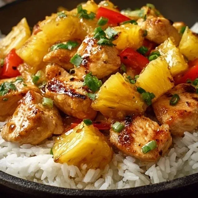 One-Pan Pineapple Chicken and Rice served in a colorful dish