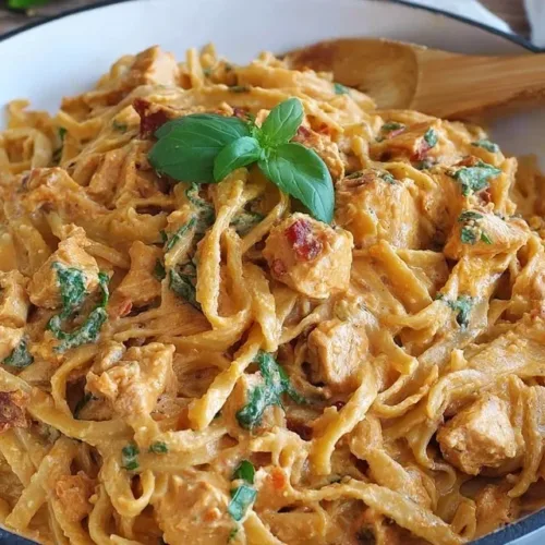 Creamy Marry Me Chicken Pasta plated over a garnish of fresh herbs