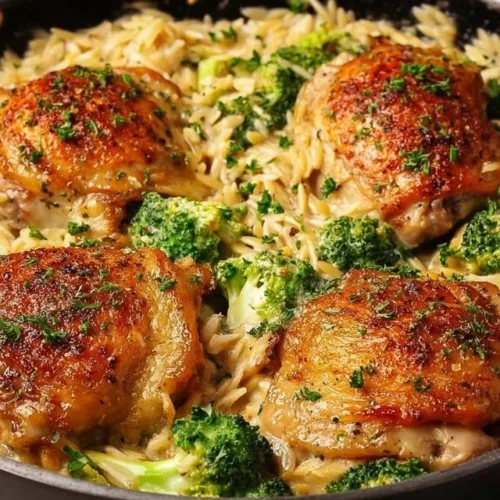 Savory chicken thighs served with orzo in a delicious meal recipe