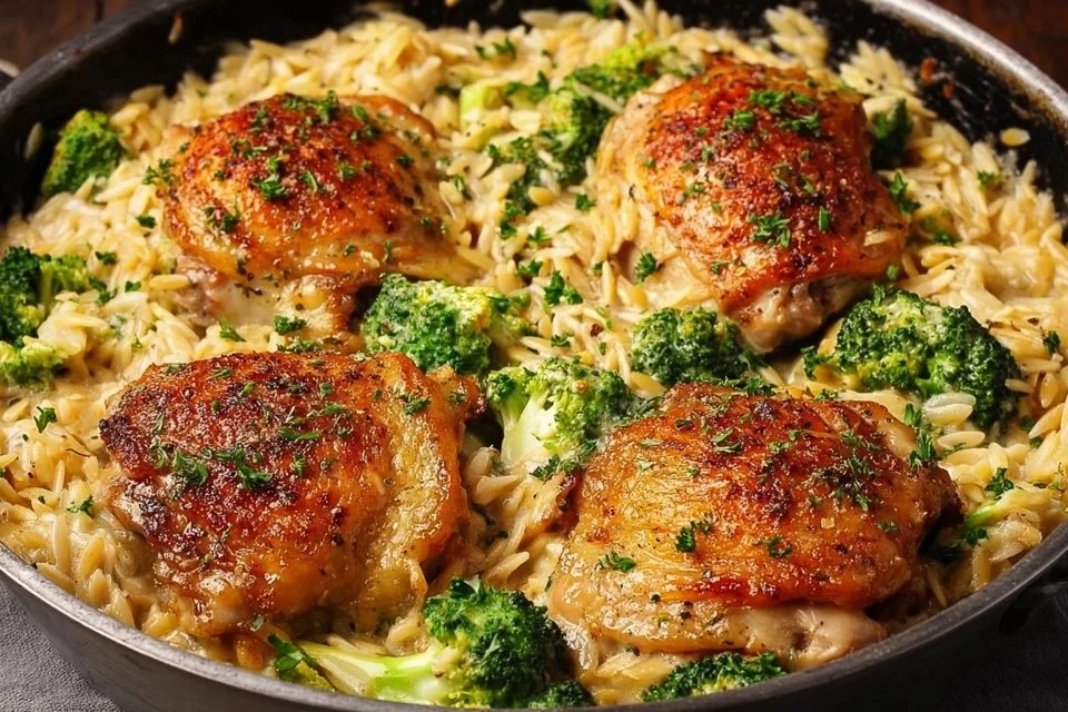 Savory chicken thighs served with orzo in a delicious meal recipe