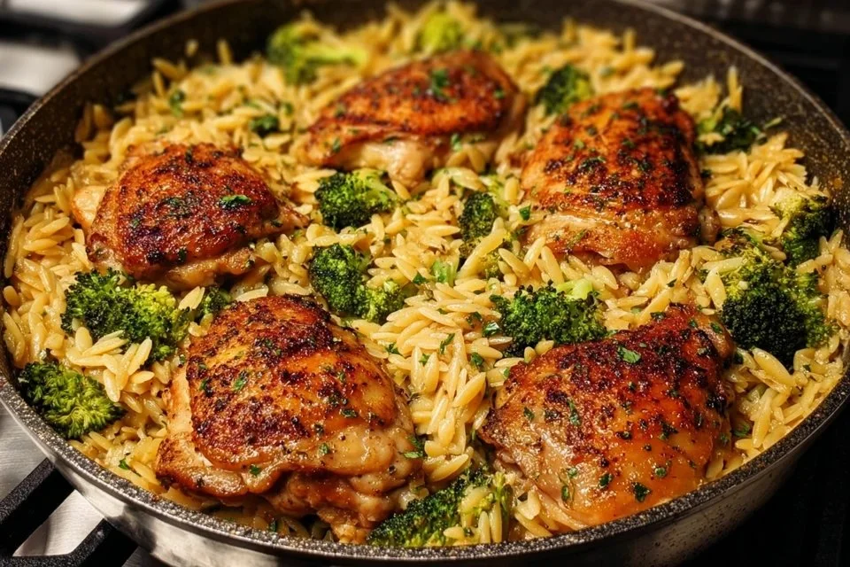 Savory Chicken Thighs with Cheesy Broccoli Orzo Skillet