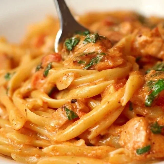 Plate of spicy chicken pasta with vibrant vegetables and herbs