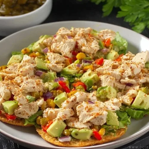Bowl of Spicy Mexican Chicken Salad with vibrant vegetables and chicken