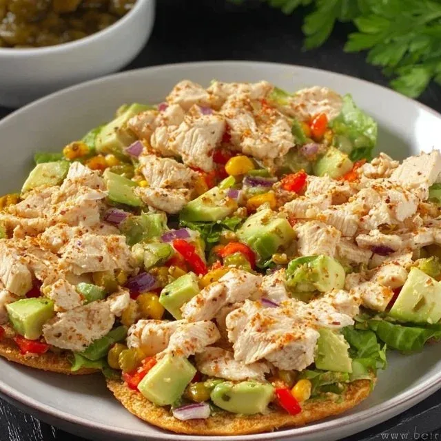 Bowl of Spicy Mexican Chicken Salad with vibrant vegetables and chicken
