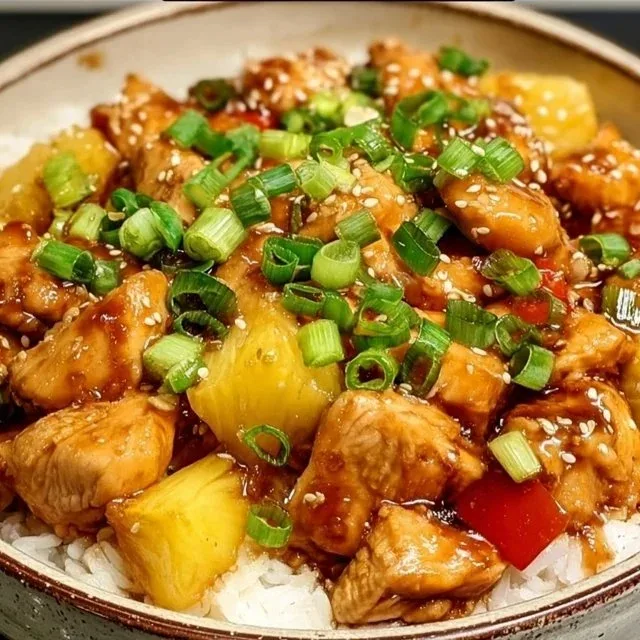 Plate of sweet and savory pineapple chicken with colorful vegetables