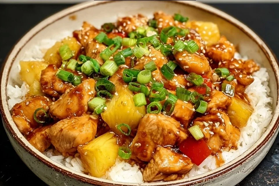 Plate of sweet and savory pineapple chicken with colorful vegetables