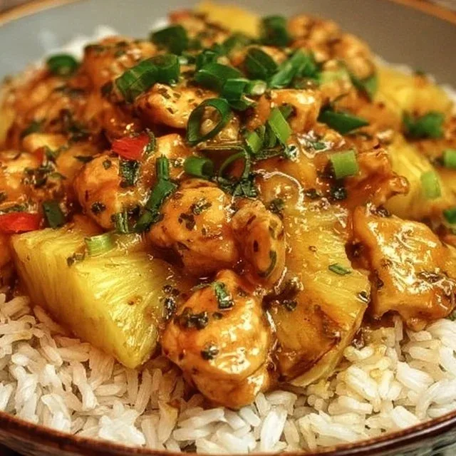 Delicious Tropical Pineapple Chicken served with Rice in a bowl
